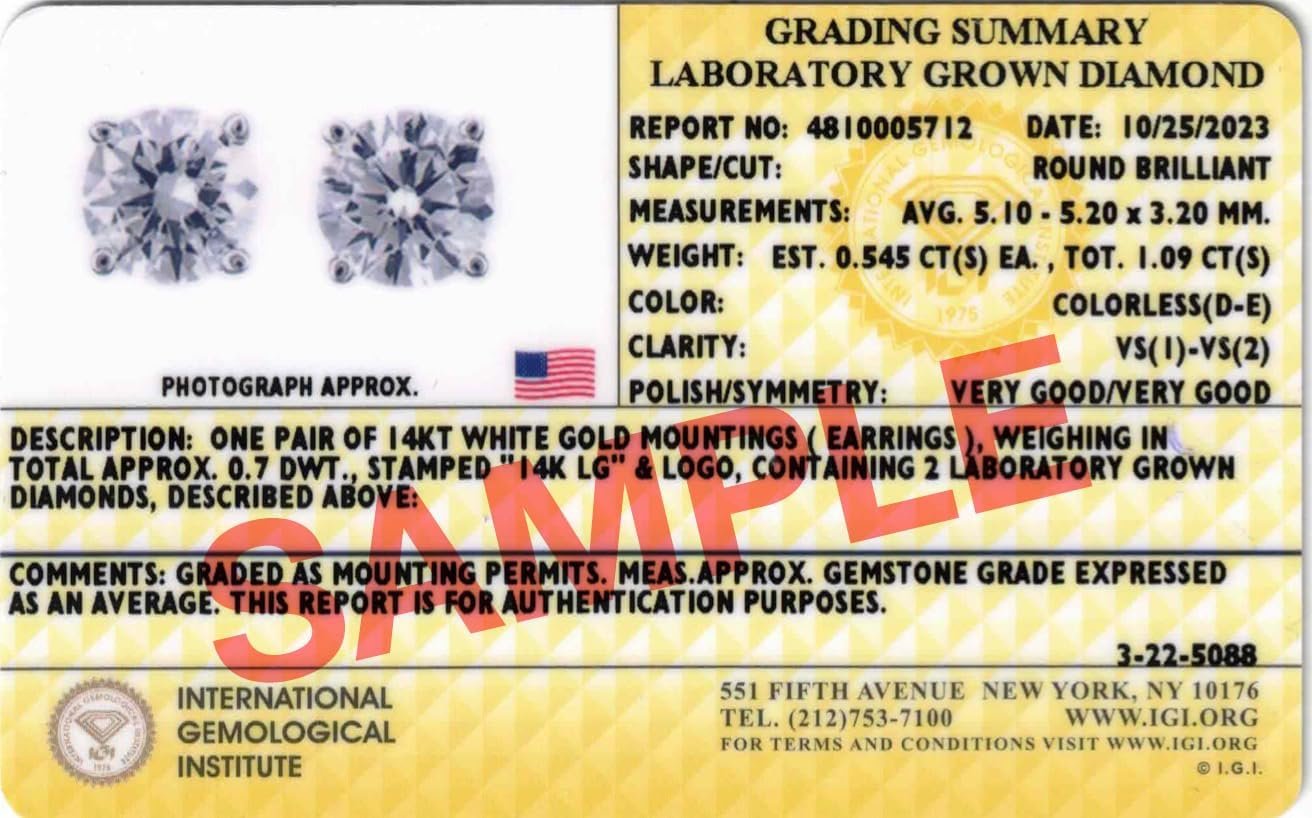 IGI Certified 1 to 10 Carat D-E Color and VS1-VS2 Clarity Lab Grown Diamond Stud Earrings for Women I 14k White Gold Earrings for Her I Secure Screw Back Made in USA by Beverly Hills Jewelers - Image 3