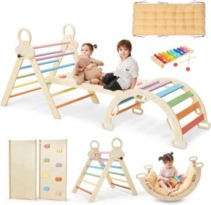 Pikler Triangle Set for Kids, 8 in 1 Colorful Montessori Large Climbing Toys for Toddlers 1-6 Inside with Ramp, Arch and Foldable Triangle, Wooden Child Indoor Playground