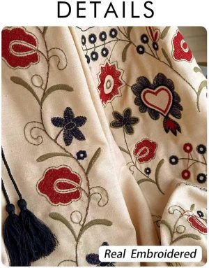 Womens Embroidered Shirt Long Sleeve Peasant Blouse Lantern Sleeve Boho Tops V Neck Loose Lightweight Casual Tunic