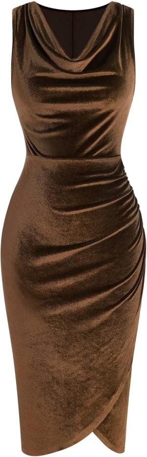 ZAFUL Womens Sleeveless Velvet Cocktail Dresses Cowl Neck Party Midi Wedding Guest Dress R...