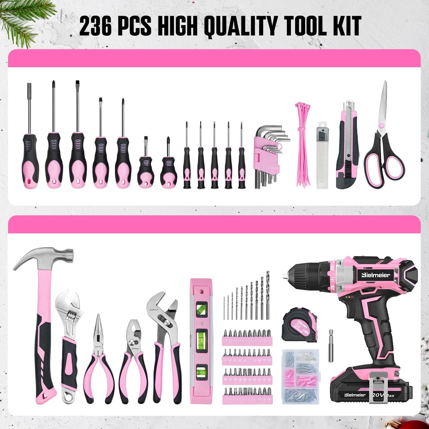 Bielmeier 20V 236Pcs Cordless Pink Drill Set for Women, Lady’s Essential Home Tool Kit with Pink Bag, Perfect DIY Electric Screwdriver Set for Home Repair & Gifts - Image 5