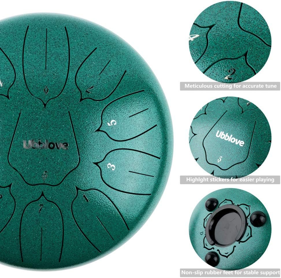 Steel Tongue Drum, Handpan Tank Drum 11 Notes 10 inch Meditation Percussion Instrument with Mallets, Finger Picks, Bag, Music Book for Musical Education Entertainment Concert Yoga Gift (Green 10 inch) - Image 2