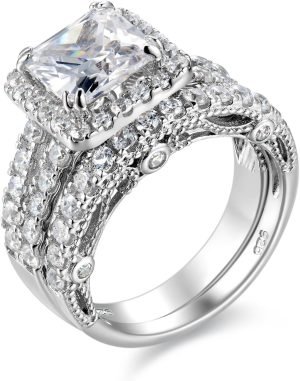 Wuziwen Princess Cut Engagement Rings for Women Sterling Silver Cubic Zirconia Wedding Bridal Ring Set