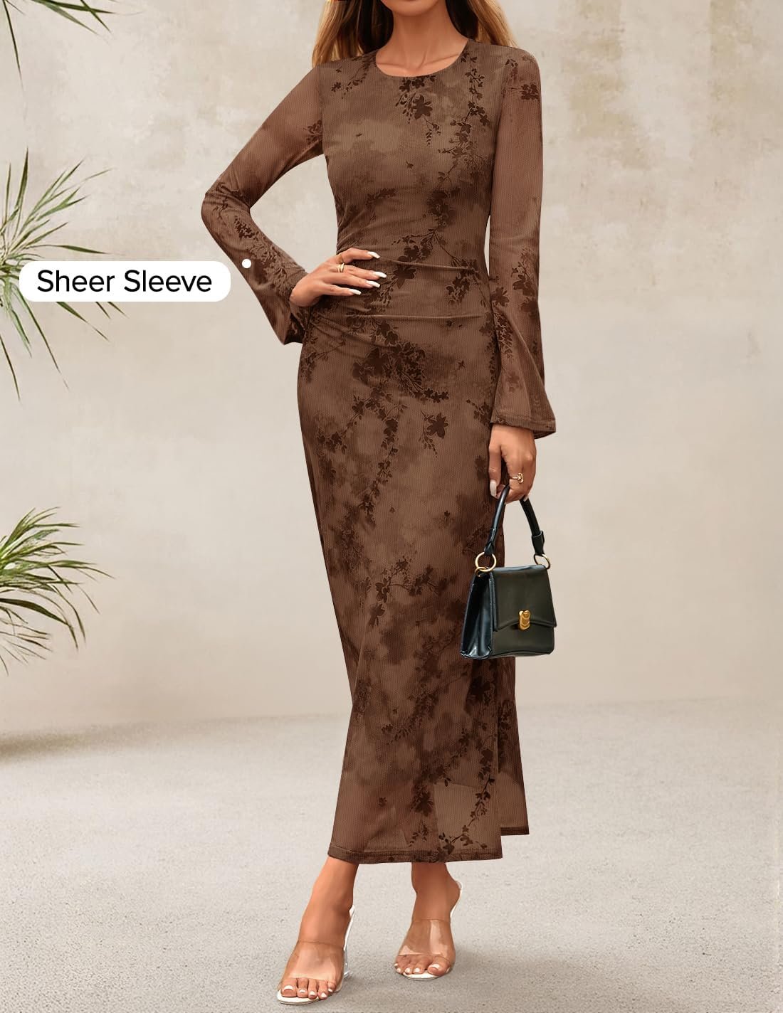 ZESICA Women's Long Sleeve Floral Bodycon Dress 2025 Fall Fashion Ruched Mesh Wedding Guest Cocktail Party Maxi Dresses - Image 4