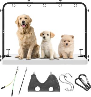 Adjustable Dog Grooming Arm for Table: 42” Height, 27”–39” Width, Clamp Fits Up to 2.76”, with Hammock & 2 Nooses – Portable Pet Grooming Station for Nail Trimming, Cats & Dogs at Home