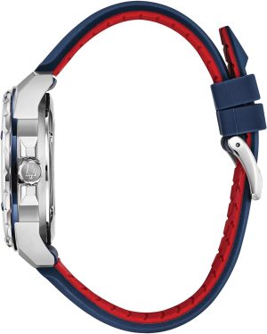 Bulova Men’s Marine Star ‘Series A’ Automatic Stainless Steel Case with Blue Textured Silicone Strap, Open Aperture, Silver White Dial Model: 98A225