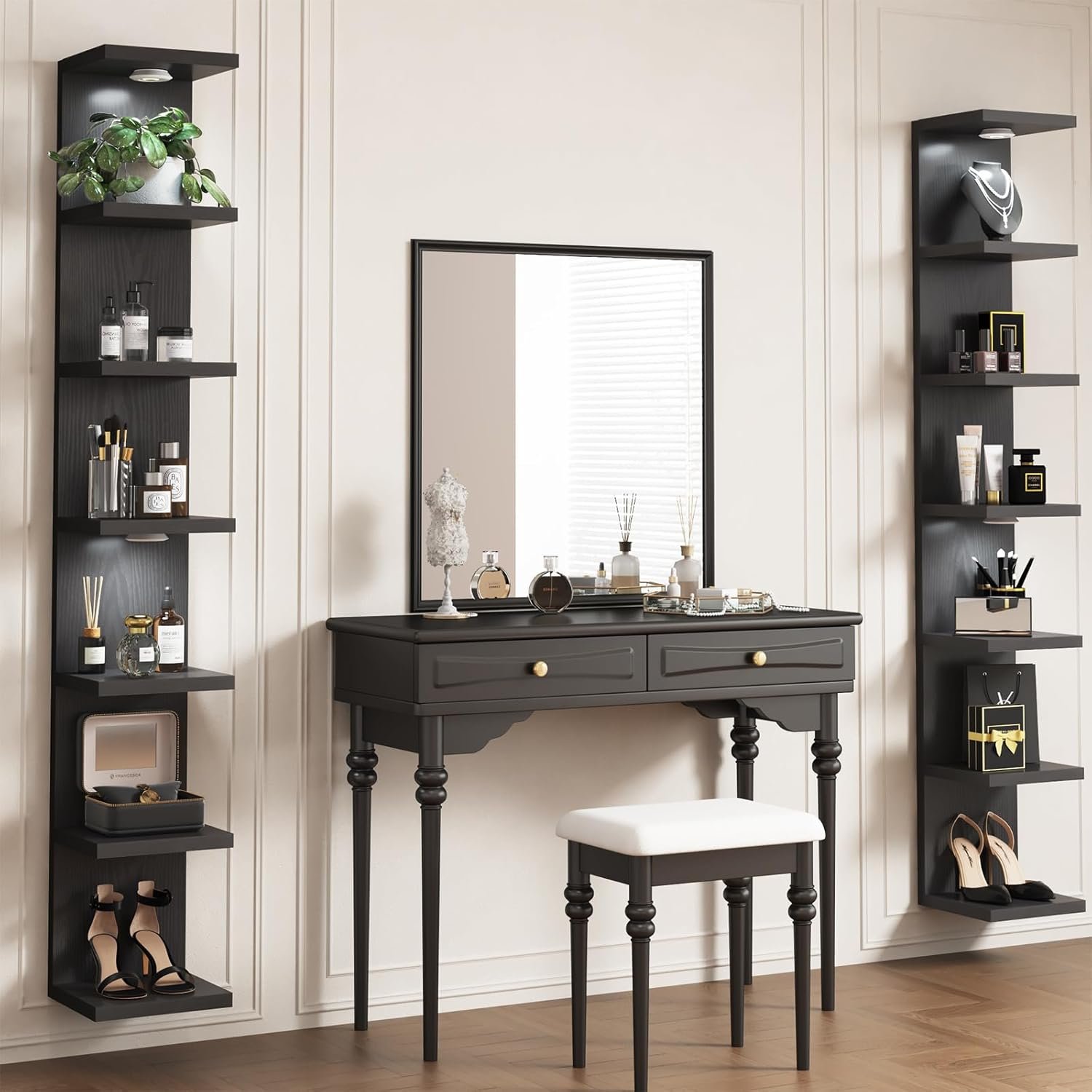 Fixwal 7 Tier Wall Mounted Shelf Unit Black Floating Shelves with LED Lights Lack Wall Shelf for Home Decor Organizer Display - Image 2
