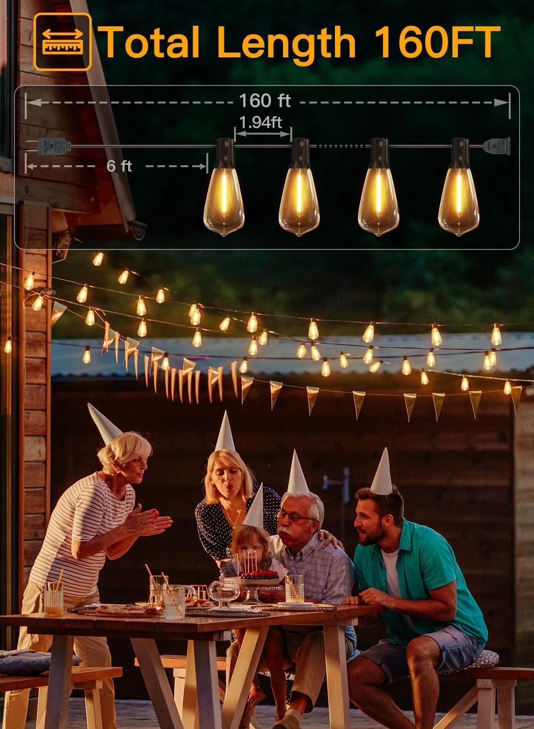Ollny Outdoor String Lights 160FT, Shatterproof Connectable Patio Lights with 80+4 Spare ST38 Vintage Bulbs, 2200K Warm White Waterproof Outside Hanging Light for Yard Camping Gazebo Porch Balcony - Image 2