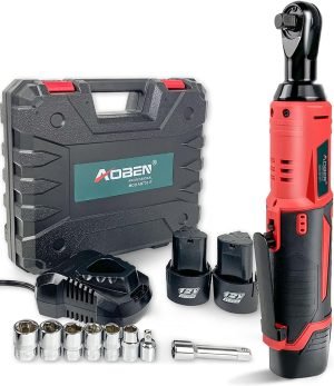 AOBEN Cordless Electric Ratchet Wrench Set, 3/8″ 12V Power Ratchet Tool Kit With 2 Packs 2000mAh Lithium-Ion Battery And Charger