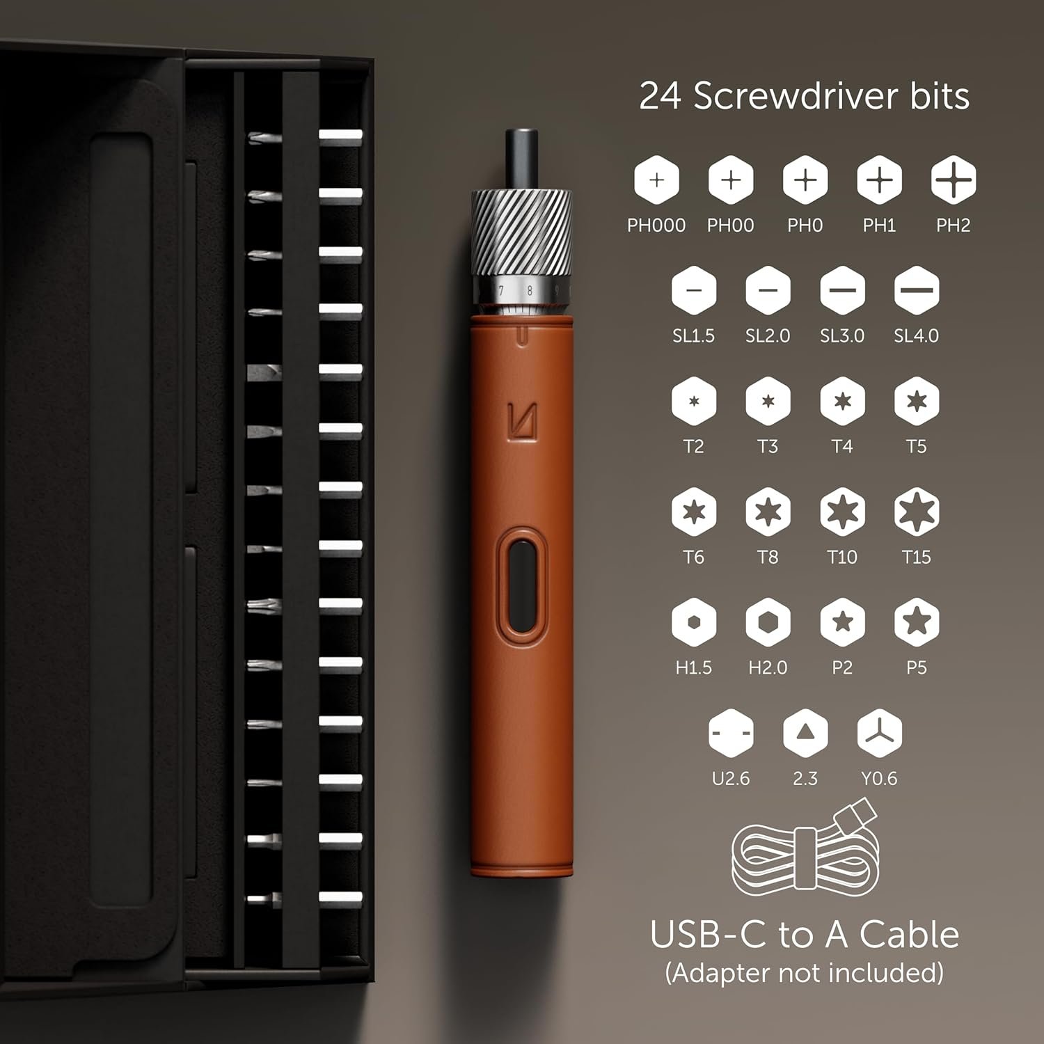 Lunar Artefacts Precision Electric Cordless Rechargeable Brown Leather and CNC Aluminum Screwdriver with 24 Magnetics Bits and Easy Storage Toolbox - Image 4