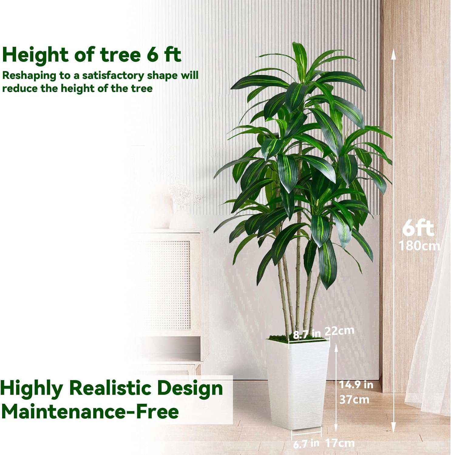 Artificial Dracaena Tree-6FT Tall Fake Plants with White Tall Planter-Artificial Plants Indoor Floor Plant in Pot-Large Tropical Fake Yucca Potted Tree for Home Office Living Room Decor - Image 2