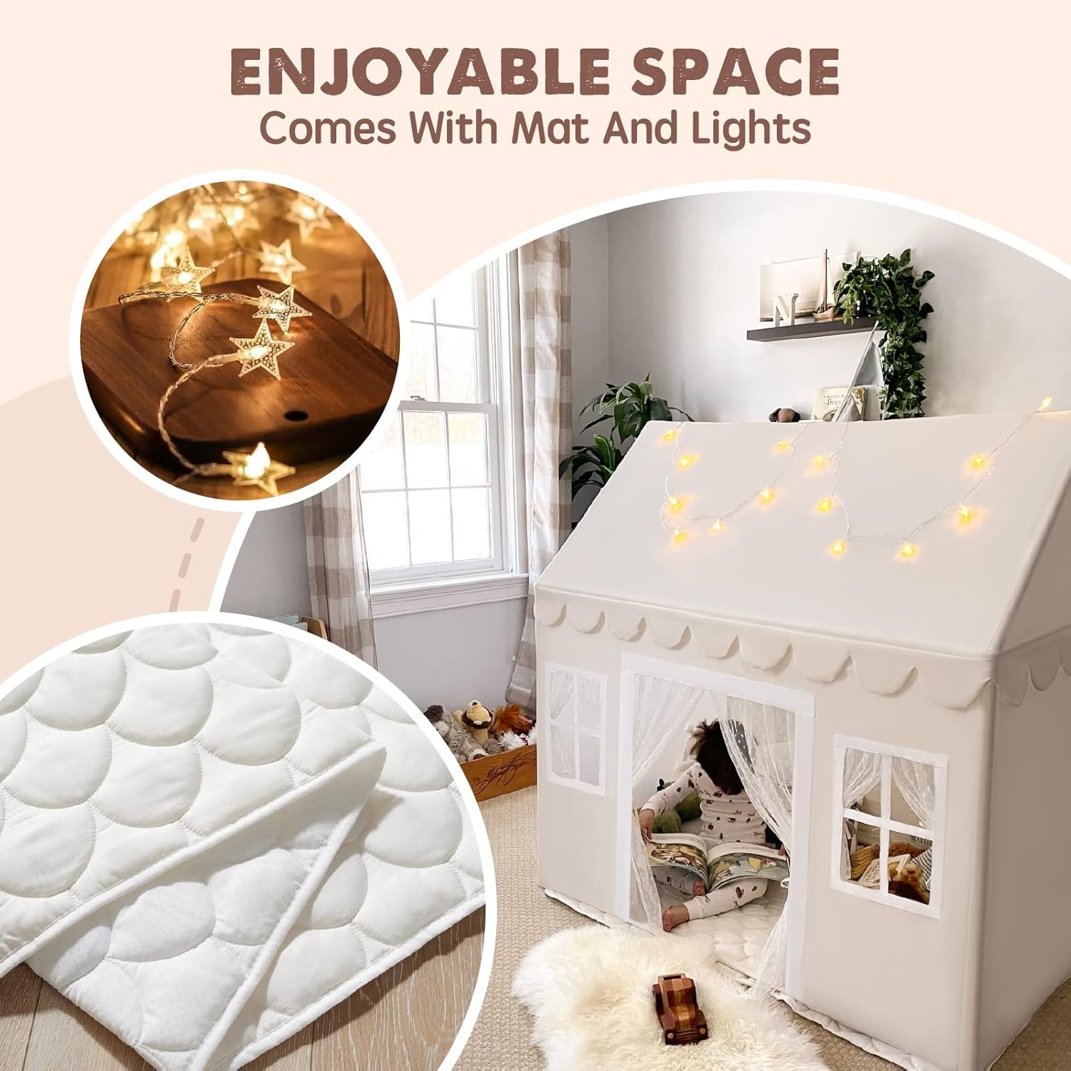 Tiny Land Play Tent with Padded Mat & LED Lights, Kids Tent, Playhouse for Kids, Indoor Bed Tent for Toddler, Toys for 3,4,5,6-Year-Old Girls, Neutral Color Play Room Furniture - Image 2