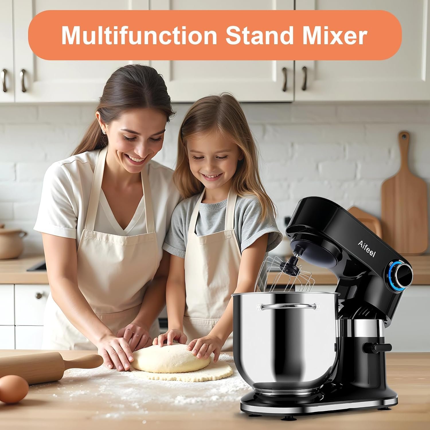 Aifeel 10.5 QT Stand Mixer,900W Electric Food Dough Mixer,Large Capacity Tilt-Head Kitchen Electric Mixer with Dough Hook,Beater,Whisk & Splash Guard,Dishwasher-Safe Attachments for Baking(Black) - Image 6