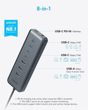 Anker USB C Hub, 8-in-1 5Gbps Data Hub, USB Splitter with 3 USBA and 4 USBC Ports, 100W PD...