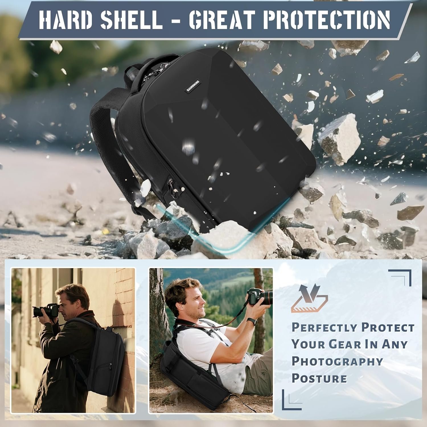 RAINSMORE Camera Backpack Hard Shell for DSLR/SLR Waterproof Camera Bag with Laptop Compartment 15.6 Inch Professional Camera Case with Rain Cover Photography Backpack Bag with Camera Lens Case Black - Image 4