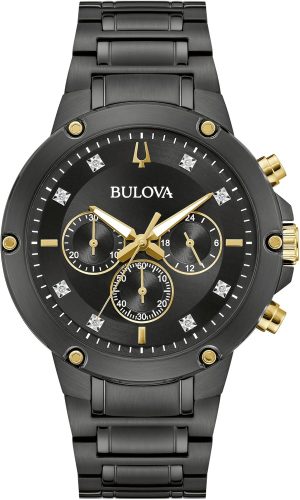 Bulova Men’s Classic 6-Hand Chronograph Diamond Quartz Black Ion Plated Stainless Steel Watch, 24 Hour Time, 43mm, Style:98D190