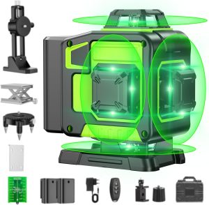 16 Line Laser Level 360 Self Leveling, 4×360°Professional 4D Green Cross Line laser Level with 2 Batteries, Adjustable Brightness & Remote Control, for Tiling Floor Construction and Picture Hanging