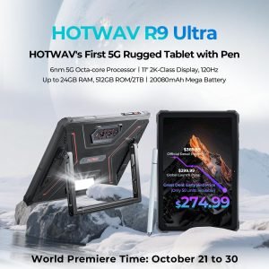 HOTWAV R9 Ultra 5G Rugged Tablet, 24GB + 512GB/TF 2TB Android 15 Tablet with Pen, 11 Inch 2K FHD+ Waterproof Tablets, 20080mAh, 64MP+20MP, Octa-Core, Dual SIM/Gemini AI /IP68&IP69K/Face ID/OTG/WLAN 5