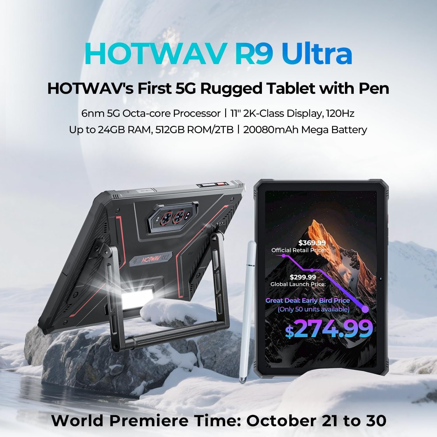 HOTWAV R9 Ultra 5G Rugged Tablet, 24GB + 512GB/TF 2TB Android 15 Tablet with Pen, 11 Inch 2K FHD+ Waterproof Tablets, 20080mAh, 64MP+20MP, Octa-Core, Dual SIM/Gemini AI /IP68&IP69K/Face ID/OTG/WLAN 5 - Image 2