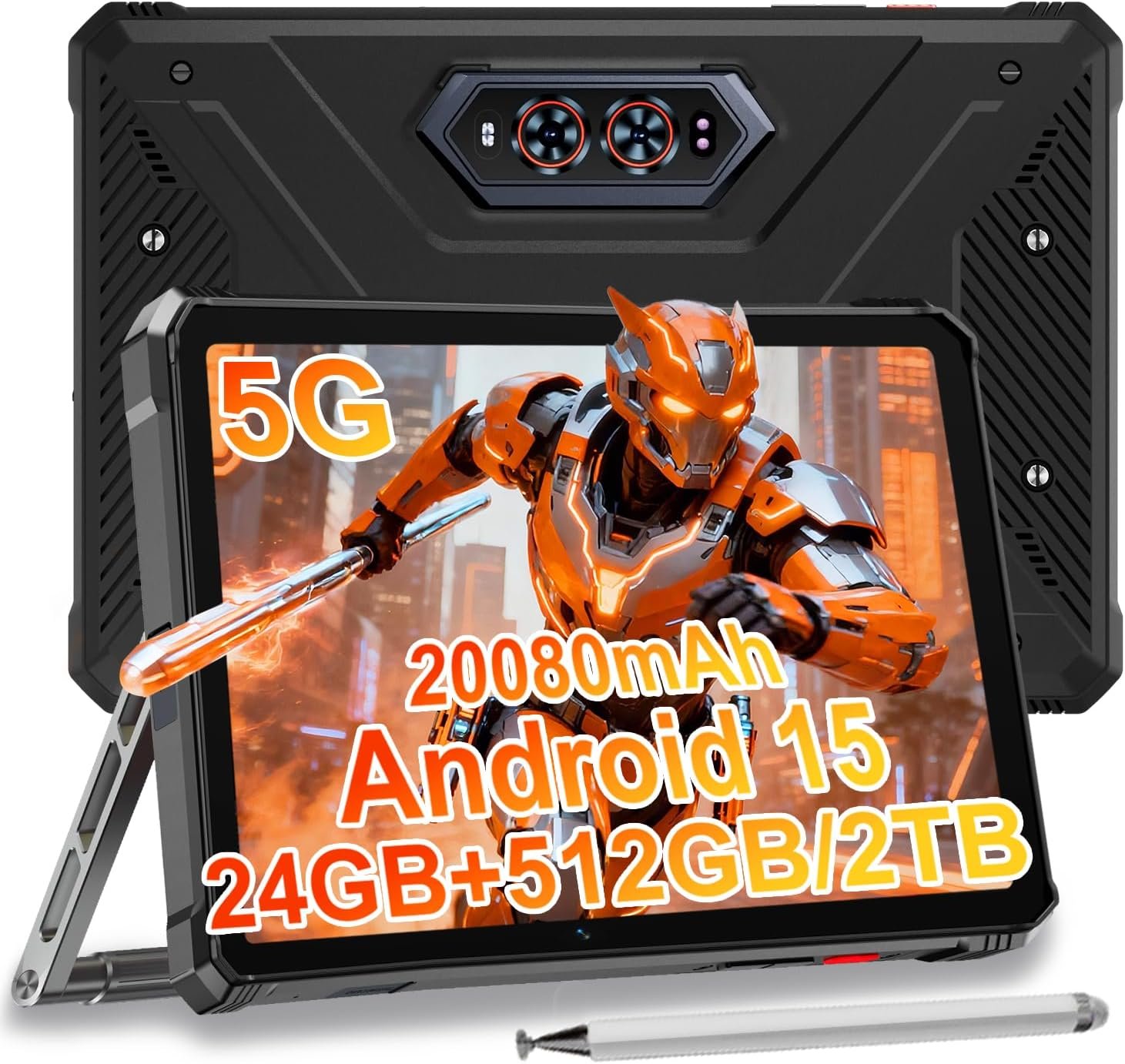 HOTWAV R9 Ultra 5G Rugged Tablet, 24GB + 512GB/TF 2TB Android 15 Tablet with Pen, 11 Inch 2K FHD+ Waterproof Tablets, 20080mAh, 64MP+20MP, Octa-Core, Dual SIM/Gemini AI /IP68&IP69K/Face ID/OTG/WLAN 5