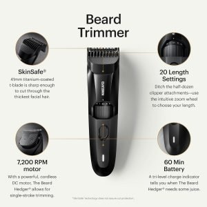MANSCAPED® The Beard Hedger® Premium Men’s Beard Trimmer, 20 Length Adjustable Blade Wheel, Stainless Steel T-Blade for Precision Facial Hair Trimming, Cordless Waterproof Wet/Dry Clipper
