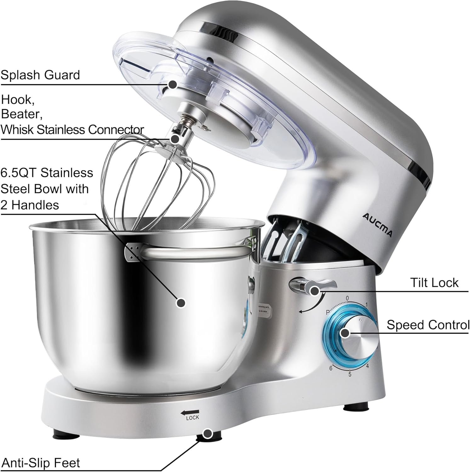 Aucma Stand Mixer,6.5-QT 660W 6-Speed Tilt-Head Food Mixer, Kitchen Electric Mixer with Dough Hook, Wire Whip & Beater (6.5QT, Silver) - Image 2