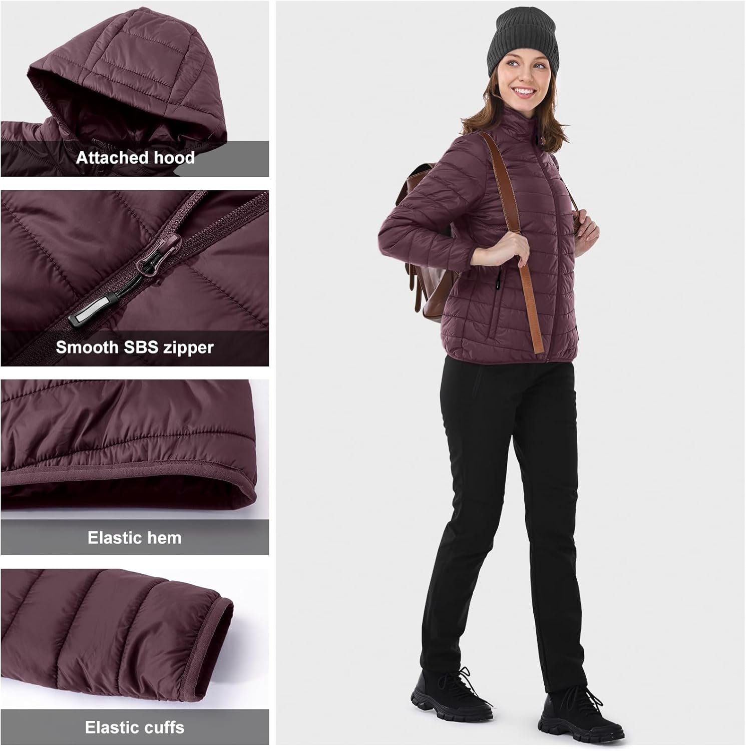 Outdoor Ventures Women's Packable Lightweight Full-Zip Puffer Jacket with Hood Quilted Winter Coat - Image 5