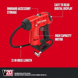 CRAFTSMAN V20 Air Compressor Portable, Cordless Tire Inflator, Up To 150 PSI Tire Pump, with Digital Pressure Gauge, Tool Only (CMCE521B)