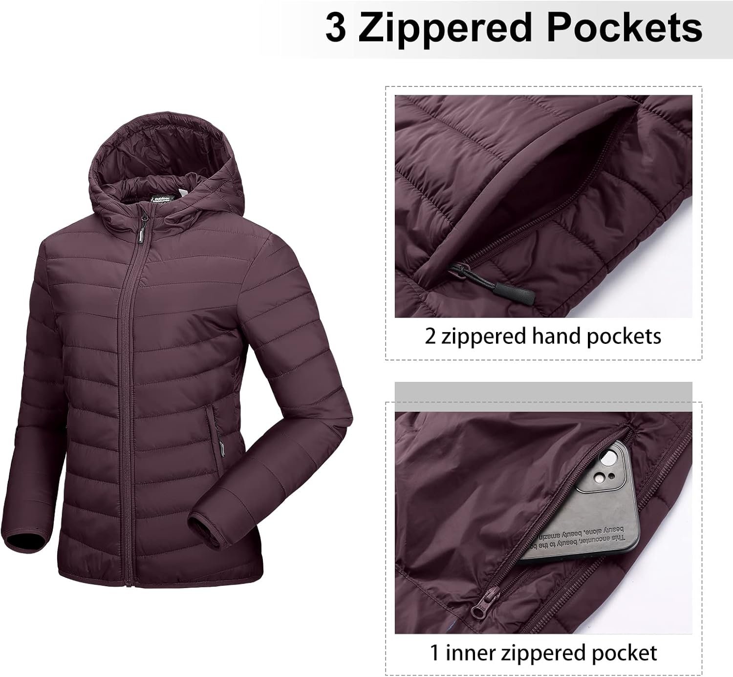 Outdoor Ventures Women's Packable Lightweight Full-Zip Puffer Jacket with Hood Quilted Winter Coat - Image 3