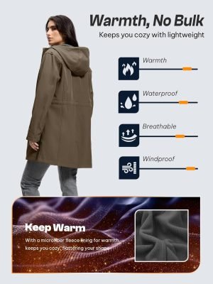 SaphiRose Women’s Waterproof Rain Jacket with Fleece Lining Hooded Windbreaker Long Warm Outdoor Softshell Coat