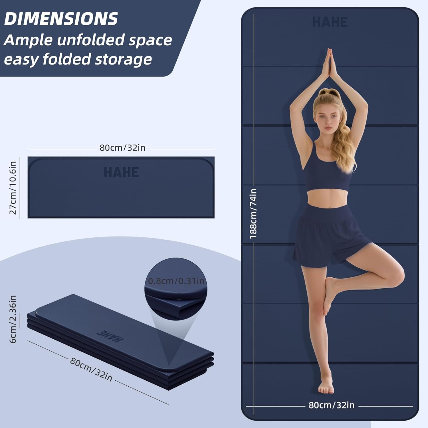 Foldable Yoga Mat, 74"Lx32"Wx1/3"Thick, Folding Exercise Mat, Non-slip Wide Pilates Mats for Home Workout/Travel, Portable Yoga Mat Thick for Yoga/Pilates/Camping/Floor Exercises - Image 2
