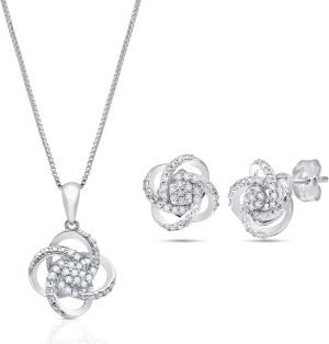 MAX + STONE 1/4 Carat Natural Diamond Love Knot Stud Earrings and Pendant Necklace for Women | Hypoallergenic 925 Sterling Silver Diamond Love Knot Jewelry Sets with 18 Inches Chain and Gift Box
