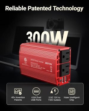 BESTEK Power Inverter DC 12V to AC 110V – 300W Car Plug Adapter Outlet with 4.8A Dua...