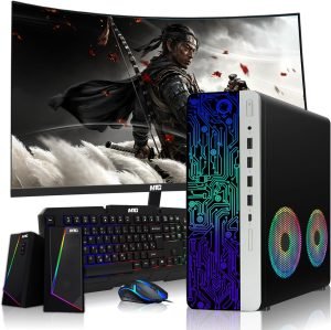 HP G3 Desktop PC, Intel i3, 16GB RAM, 512GB SSD, 27-Inch Curved Monitor, RGB Speaker, RGB Keyboard with AI-Enabled Copilot Key Mouse, 2X ARGB Fan WiFi, Windows 11 Pro (Renewed)