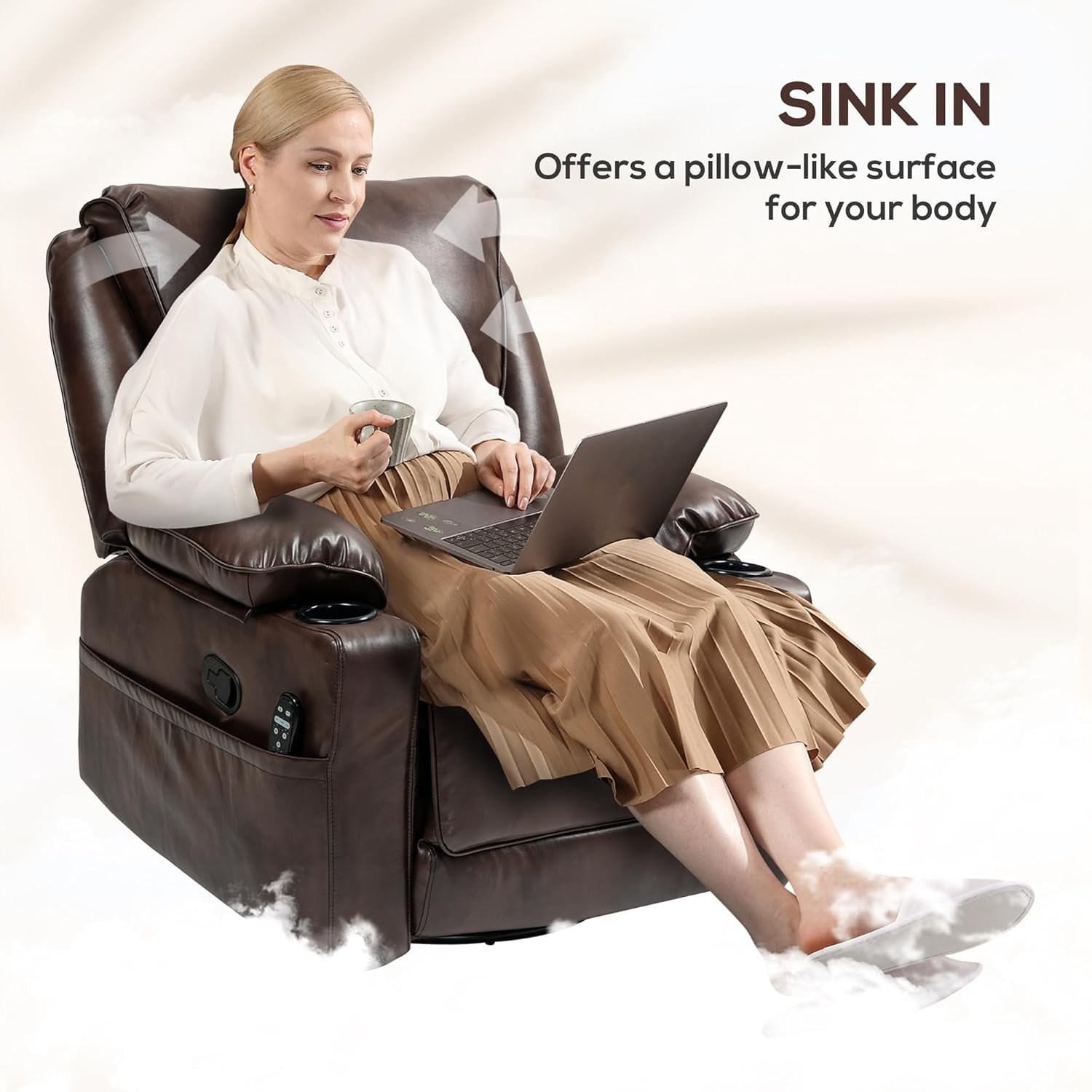 HOMCOM Swivel Rocker Recliner Chair with Vibration Massage and Heat, Oversized PU Leather Ergonomic Lounge Chair with Footrest, Remote, Cup Holders and Side Pockets for Living Room, Brown - Image 8