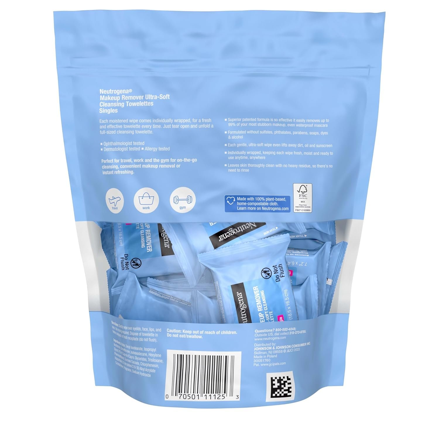 Neutrogena Makeup Remover Wipes Singles, Individually Wrapped, Daily Facial Cleanser Towelettes, Gently Removes Oil & Makeup, Alcohol-Free, 20 ct - Image 6