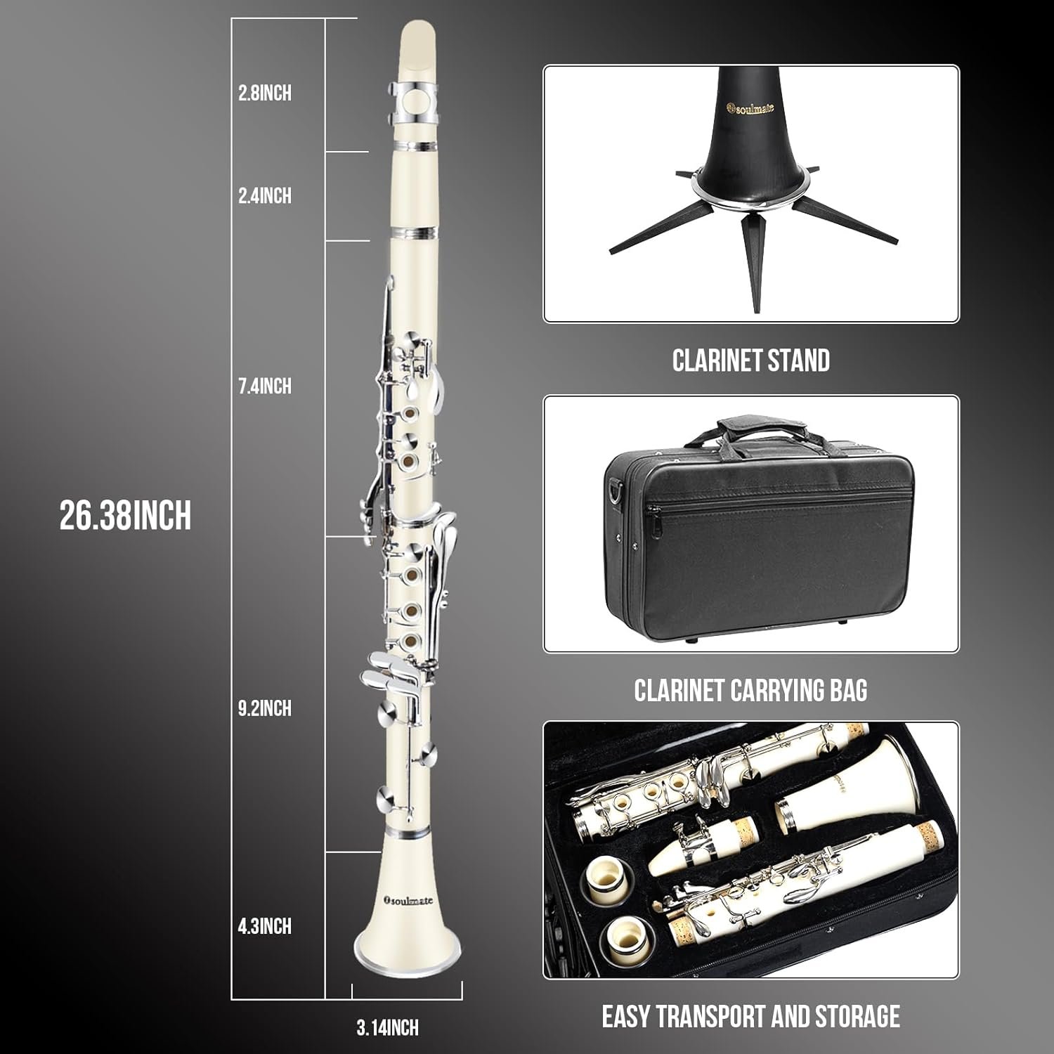 Soulmate Clarinet for Beginner Student Adults 17 Nickel-plated Keys Bb Flat with 2 Barrels 10 Reeds Hard Case and Clarinet Cleaning Kit, Woodwind Band & Orchestra Musical Instruments, White - Image 6
