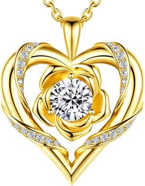 Beam & Bask Rose Flower Heart Moissanite Necklaces for Wife, S925 Silver Pendant for Women, 18K Gold Plated Jewelry for Her Girlfriend Mom for Anniversary Birthday