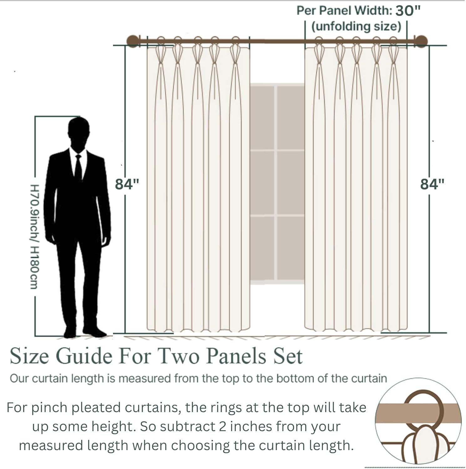 Linen Blend Pinch Pleated Curtains for Living Room, Bedroom, Dining Room - Light Filtering Curtains 2 Panels Set - Luxury and Modern Floral Printed Design - Antique White, 30" W x 84" L - Image 2