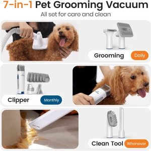 oneisall Dog Grooming Vacuum, Pet Grooming Vacuum with Clipper Nail Grinder, 1.5L Dust Cup Dog deshedding Vacuum Brush with 7 Pet Grooming Tools for Shedding Pet Hair, Home Cleaning(Blue)