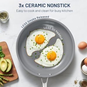 Kikcoin Ceramic Nonstick Frying Pan Skillets – 3 Sizes Omelette Pans for Healthly Cooking, 8+9.5+11 Inch Egg Pan with Stay Cool Handle, Free of PFAS PFOA PTEE, Oven/Dishwasher Safe for Busy Kitchen