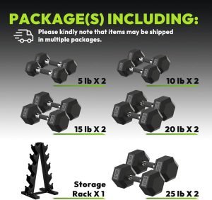 Hex Dumbbell Sets with Rack, 150-400 lb Rubber Encased Dumbbells for Strength Training, Exercise & Fitness, Home Gym Weight Set with Rack