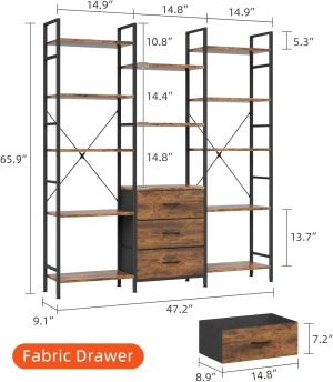 Triple Bookshelf with 3 Fabric Drawers, 5-Tier Book Shelf and 10 Display Shelves, Industrial Large Bookcase for Home & Office, Rustic Brown, 47” Wide