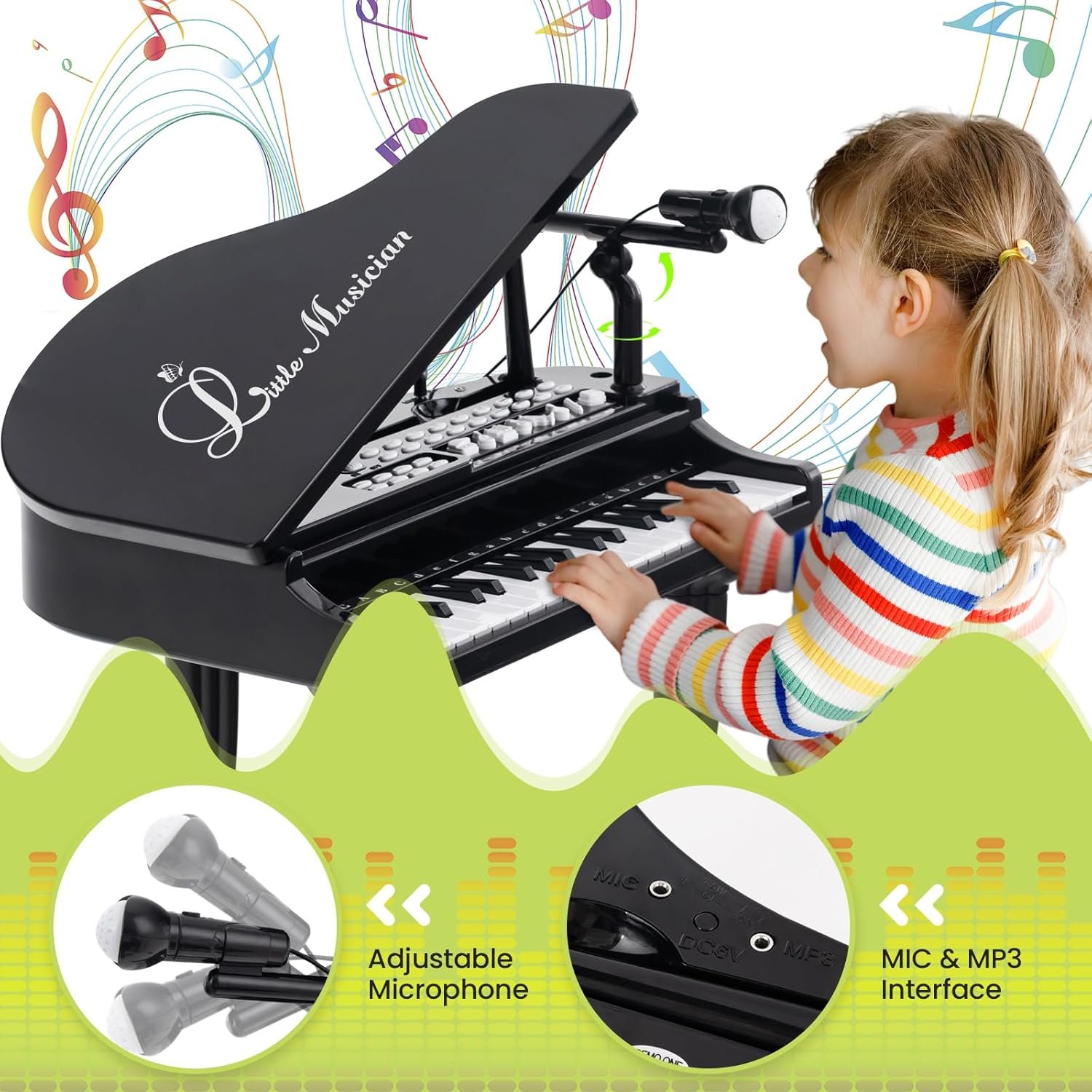 HONEY JOY Classical Kids Mini Grand Piano w/ Music Stand & Stool, Portable Electronic Piano Educational Musical Instrument Toy w/ Microphone, Lights, Gift for Kids (Black, 37 Keys) - Image 5