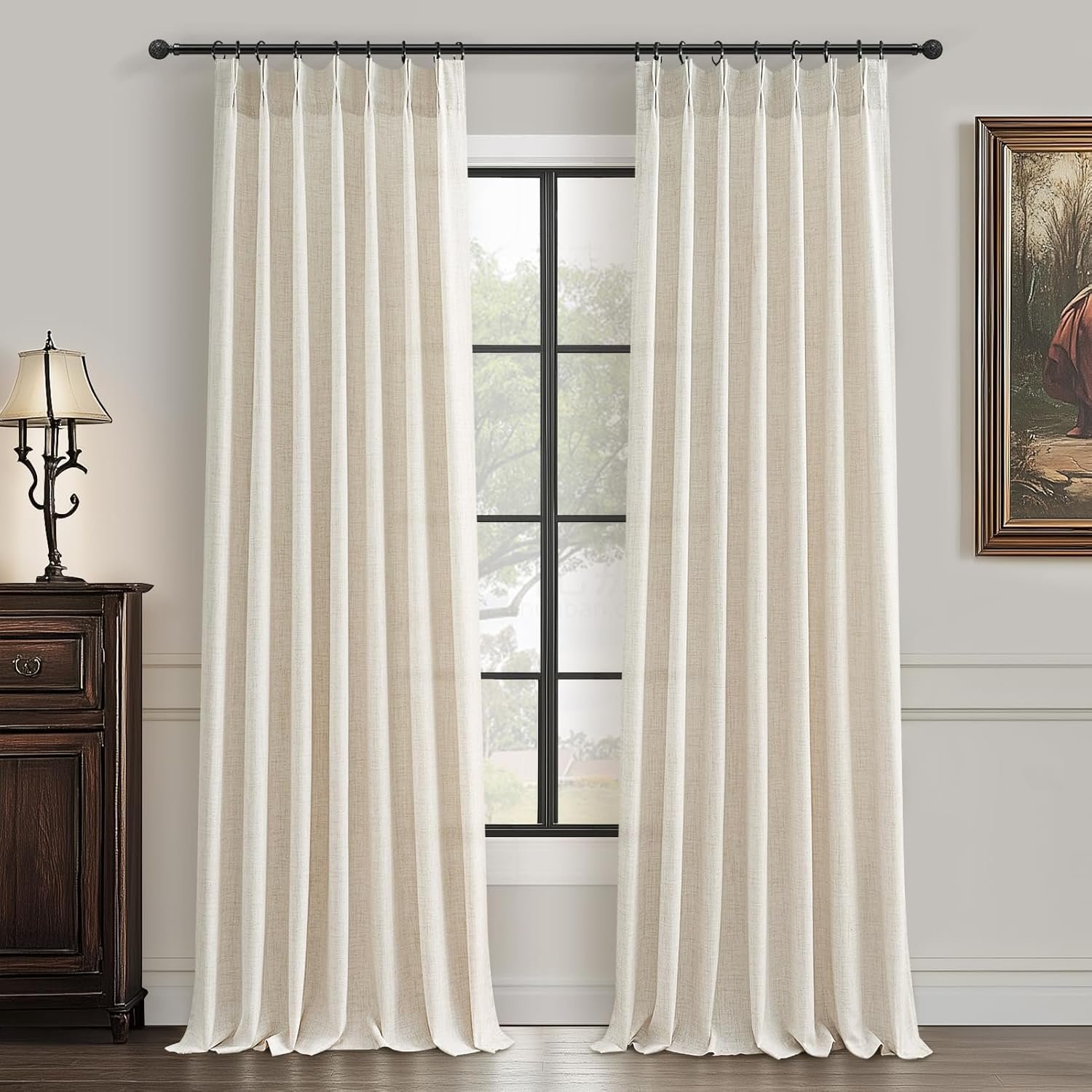 86 Inch Curtains 2 Panels Set, Elegant Farmhouse Cream Beige Thick Linen Light Filtering Sunroom Semi Sheer Curtains Back Tab for Bedroom Decor (40" W x 86" L Pinch Pleated Hooks&Rings)