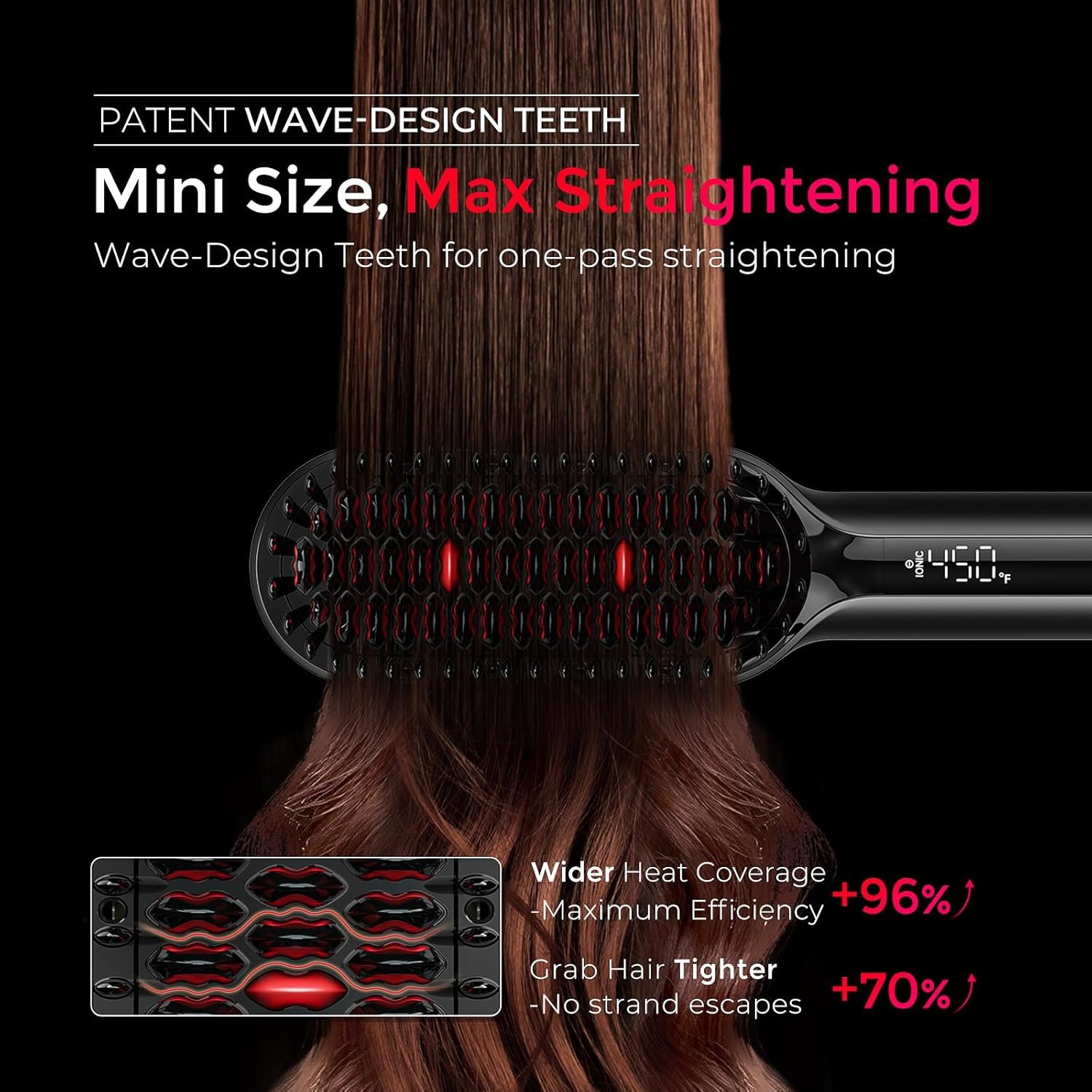 TYMO Hair Straightener Brush - Upgraded Ionic Compact Straightening Brush for Women with Wave-Design Bristles, Fast, Smooth Styling, Lightweight Hot Comb & Travel Flat Iron, 1 Billion Ions, Black - Image 3
