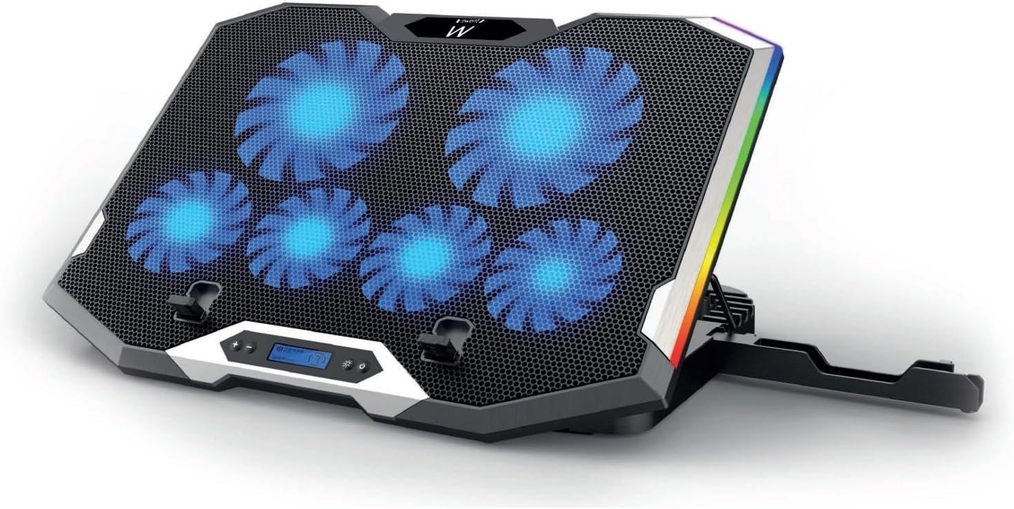 Ewent EW1260 - Laptop Stand and Fan - Quiet - 6 Adjustable Speed Fans - for Laptops up to 17" - LCD Screen - 2 USB Ports - 7 LED Lights - Ergonomic Design