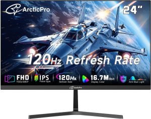 ArcticPro 24 inch Monitor 120Hz, FHD 1080p, Computer Monitor, IPS, 99% sRGB, 1ms Response Time, 3-Sided Frameless, Ultra Slim, VESA Mountable, Anti-Blue Light Design, HDMI & VGA Ports,Black