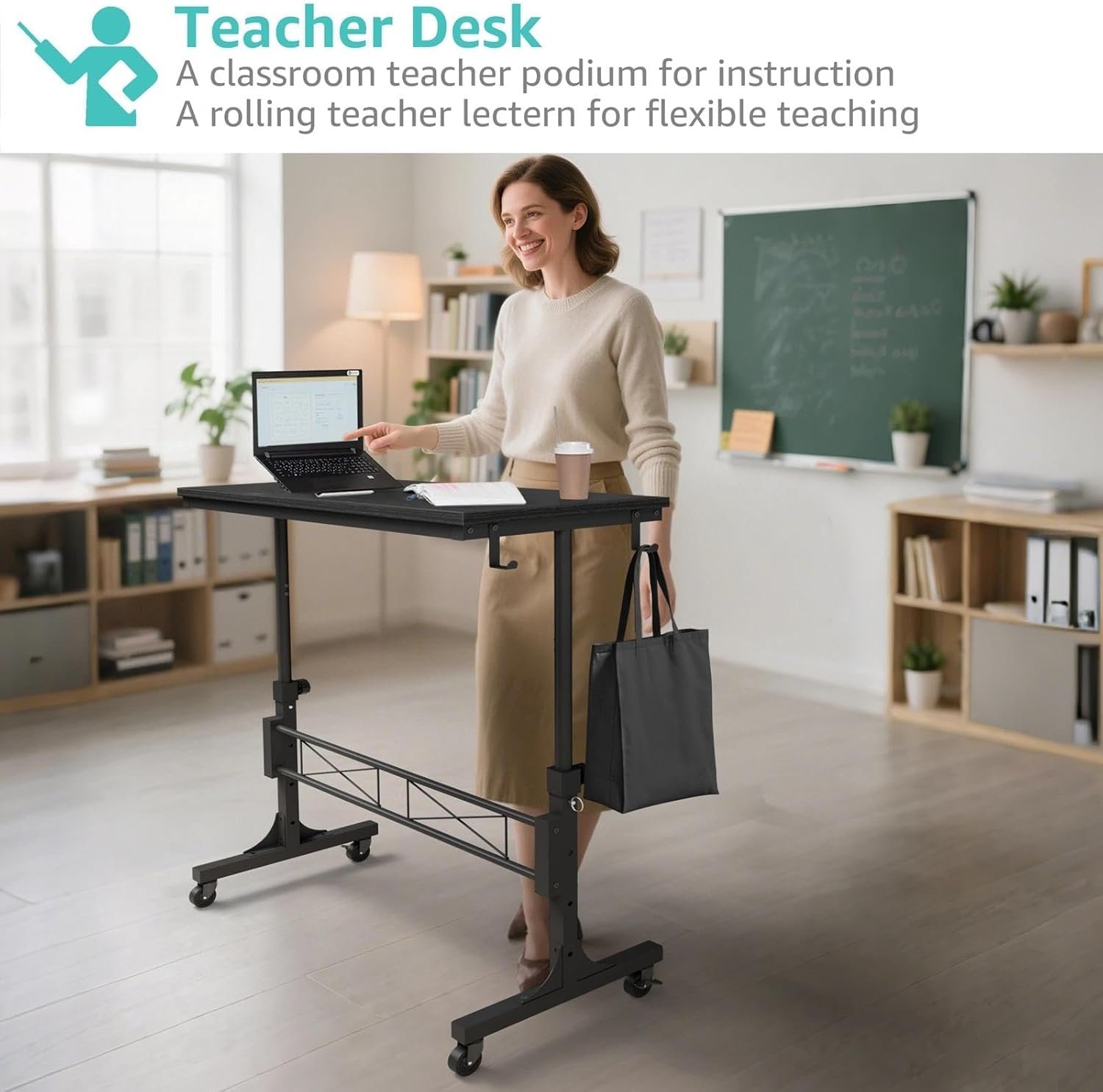 Small Portable Rolling Standing Desk - 32 Inch Adjustable Height Mobile Teacher Podium on Wheels for Classroom, Stand Up Desks for Treadmill Walking Pad, Couch Sofa Side Laptop Table, Black - Image 4