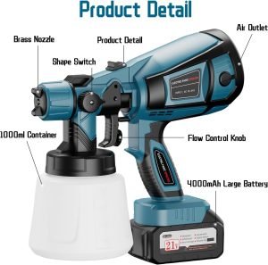 Paint Sprayer, 650W Cordless with 2 X 4.0mAh 21V Battery, All Copper Motor 6 Nozzles & 3 Spray Modes, 1000ml Container, Paint Sprayer Gun for House Painting, Ideal for Fence Cabinets Wall
